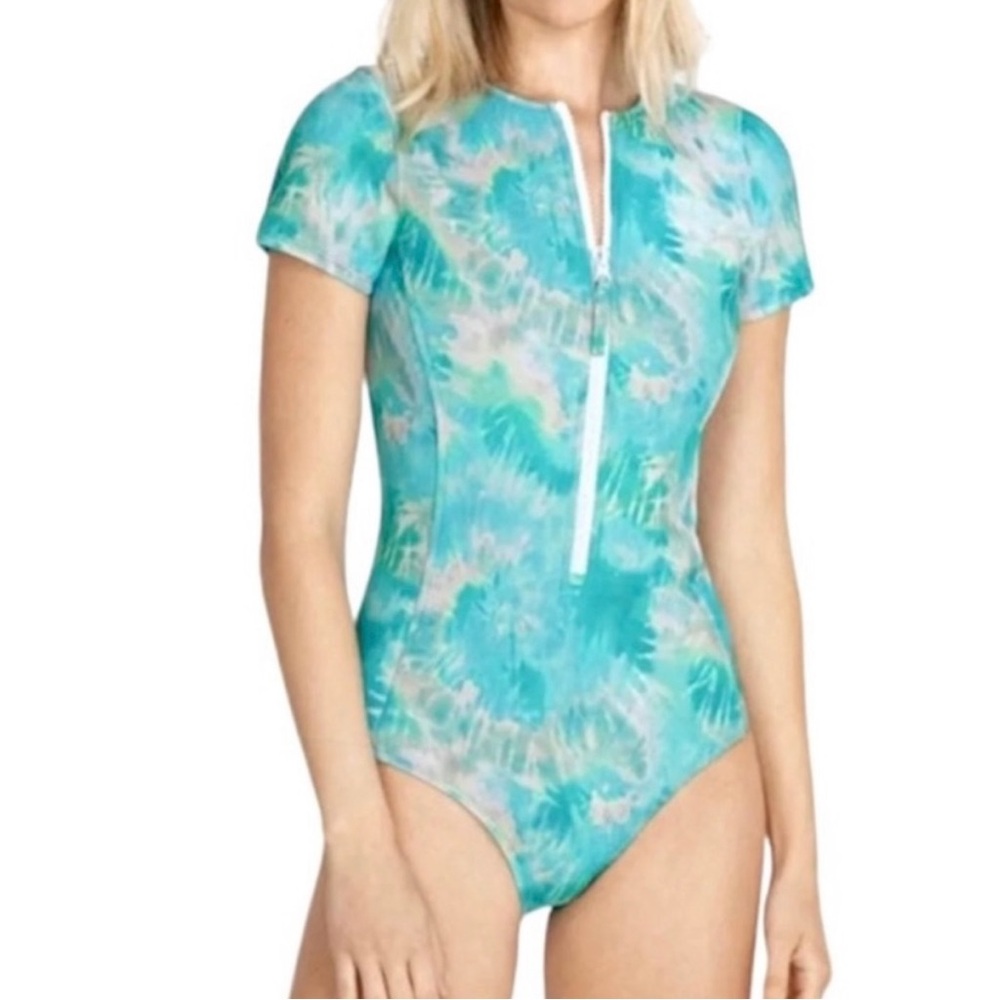❌SOLD❌ Johnny Was Calme Neoprene One Piece Swim Suit in Aqua Keys Tie Dye NWOT
